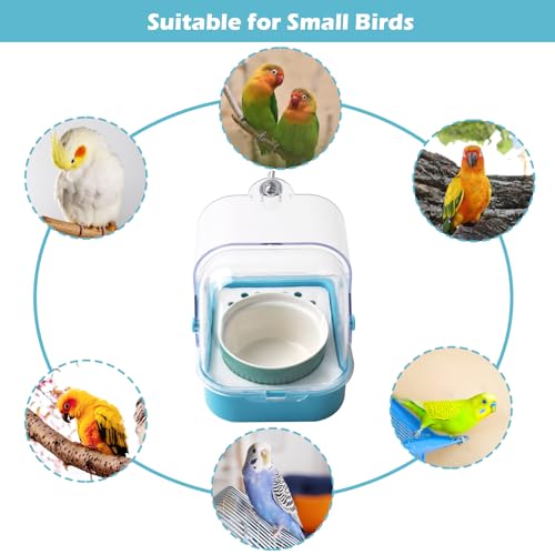 2 in 1 No Mess Bird Feeder,Bird Cage Feeder with Ceramic Bowl and Parrot Bathtub with Bottom Drawer Hanging Tube Shower Box for Birds Budgies Parakeet Small Parrot Cockatiels(Blue) - color: 【Blue】