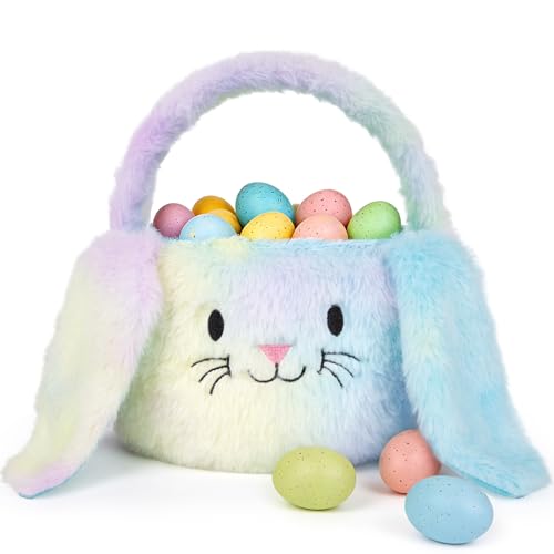 PRATIQUE Foldable Plush Easter Basket with Bunny Ears for Kids, Easter Egg Hunt Bucket with Handle, Cute Storage Bin for Candy, Toys & Gifts (Rainbow) - color: Rainbow