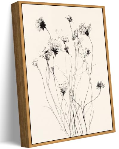 Floating Framed Vintage Wildflower Canvas Wall Art, Black White Line Sketch Flower Painting Picture Wall Decor, Neutral Rustic Boho Poster Print Artwork for Living Room, Home Decoration 8x10in - color: Flower sketch, size: 10"L x 8"W