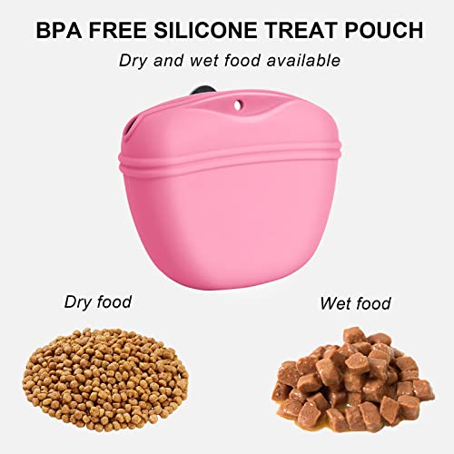 Left&Right Dog Clicker Training Kit,Silicone Dog Training Treat Pouch and Dog Clickers,Dog Treat Bag with Clicker Training for Dogs,Pet Treat Bag with Magnetic Buckle Closing and Waist Clip,Pink - color: Pink