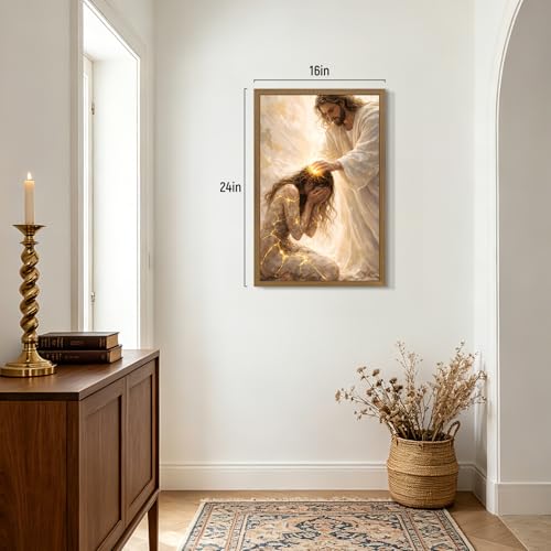 RLKHG Wood Framed Jesus Healing Woman Wall Art, Christian Faith Religious Poster Print, Biblical Miracle Wall Decor, Inspirational Bible Story Artwork for Church Prayer Living Room 12x16 Inch - color: JesusWoman, size: 16"L x 12"W