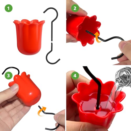 Ant Moat for Hummingbird Feeders, 4 Pack 4 OZ Ant Guard | Fits hummingbird & oriole feeders, Features leakproof red flower design, Includes durable hooks & cleaning brushes
