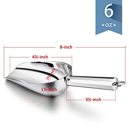 E-far 6 Ounce Ice Scoop Set of 2, Small Stainless Steel Scoops for Ice Cube/Candy/Flour/Sugar, Metal Utility Scoops for Canisters, Baking, Kitchen Pantry, Rust Free & Dishwasher Safe - color: Silver
