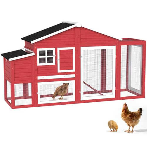 84.7''L Chicken Coop, Large Poultry Cage for 4-6 Chickens, Outdoor Hen House Design with Nesting Box, Weatherproof Roof and Leakproof Pull-on Tray, Easy to Install＆Clean(Red) - color: Red
