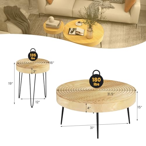 COSTWAY Farmhouse Round Coffee Table Set of 2, Rustic Sofa Side Tea Tables w/Wood Finish, Metal Frame, Adjustable Foot Pads, Nesting End Table Set for Living Room, Bedroom (Ring Pattern, Natural) - color: Natural, style: Ring Pattern