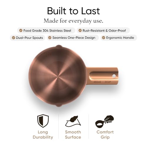 Color Up 2 Cup Measuring Cup, 480ml Copper Stainless Steel Metal Measuring Scoop, Easy-Pour Spouts, Engraved Markings, for Dry & Liquid Ingredients - size: 2 Cup (480 ml) Copper