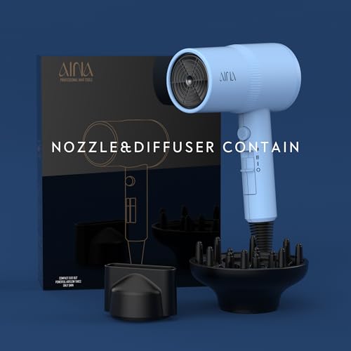 AINA Diffuser Hair Dryer Full-Featured Blow Dryer 110V/1600W(Baby Blue) | 3 Heat/2 Speed;Cold shut button;Lightweight;Compact Size;High Temp;Low Airflow;Same Results;Less Expense - color: Baby Blue, size: 3 Piece