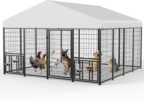 ROOMTEC Large Dog Kennel Outdoor Pet Pens Dogs Run with 4 Bowls (10' L x 10' W x 6.5'H) - size: 10’L x 10’W x 6.5’H