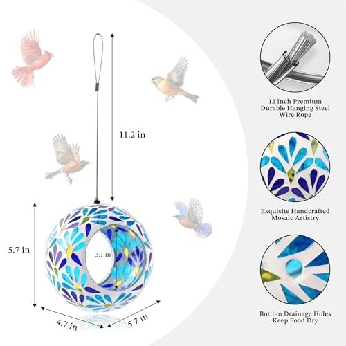 VOREEN Mosaic Glass Bird Feeder, Handcrafted Hanging Fly-Through Feeder for Outdoor Garden & Backyard, Decorative Wild Bird Feeder with Steel Wire Cable – Cool Blue Leaf Mosaic Style - color: Blue peacock