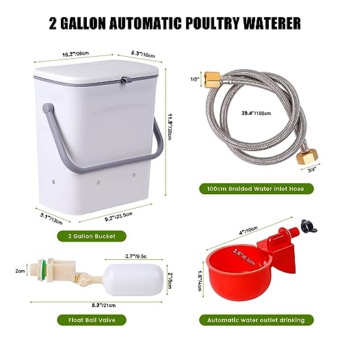 Automatic Water Dispenser for Chickens and Poultry Waterer | 2 Gal Float-Control Auto Waterer with 4 Water Cups, Chicken Drinker with Hose Attachment for Chicks, Gooses, Ducks, Turkeys