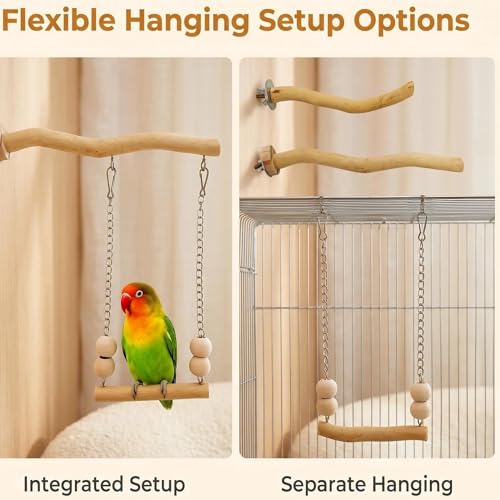 Bird Perch and Swing Set for Small Birds, Natural Wood Cage Accessories | 2-in-1 Integrated Perch with Hanging Swing for Budgies, Parakeets, Cockatiels & Lovebirds, Encourages Climbing & Activity - size: Short