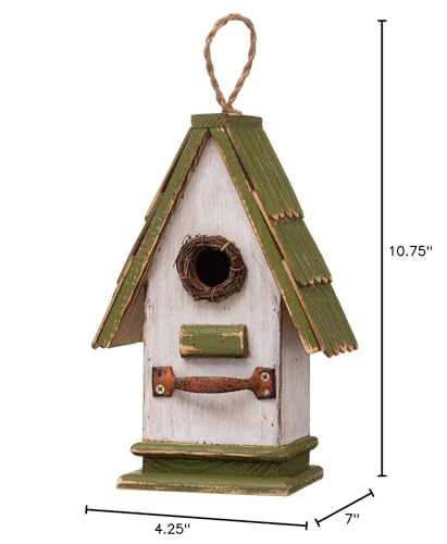 Glitzhome 10.25" L Hanging Birdhouse Green White Roof Wooden Garden Bird House for Outdoor - color: Green White