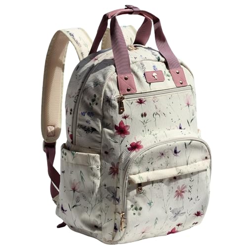 Diaper Bag Backpack Corduroy Multifunction Baby Fashion Travel Pack office Laptop Bag - color: Purple White Flower