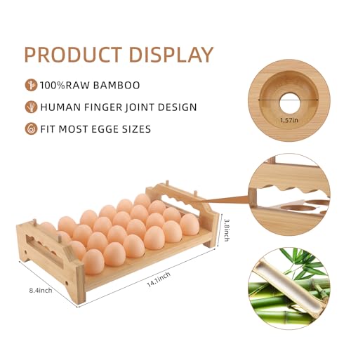 Bamboo Egg Holder 24 Pcs Eggs Rack Countertop Storage, Surface Paint & Handle Design for Kitchen Fresh Egg Holder Countertop and Fridge Egg Organizer - style: Farmhouse 24Pcs