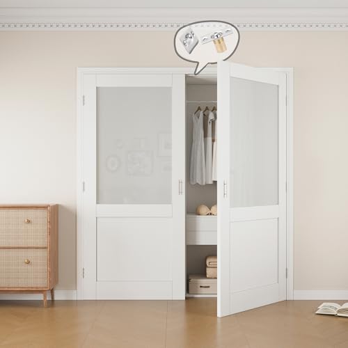 64x80 Interior French Door,Half Frosted Glass Doors,DIY Prehung Room Door | Prefinished & Paintable Double Doors with Ball Catches & Hinges & Handles, Tempered Frosted Glass, Interior Swing Closet Door - color: Half Frosted Glass, size: 64" x 80"
