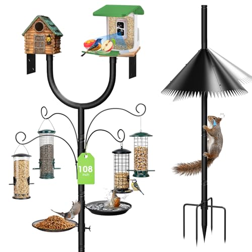 Bird Feeder Pole Squirrel Proof,Adjustable 47"-108" Heavy Duty Bird House Pole,Upgraded U-Shape Platform,4 Shepherd Hooks for Feeder Stand,Includes Birdbath,Tray for Outdoor Garden & Yard - style: With Squirrel Proof & Tray