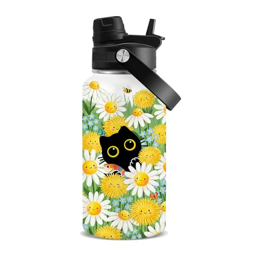 Black Cat Water Bottle 26oz with Handle Lid, Gift for Cat Lover Women | Flower Stainless Steel Insulated Tumbler with Handle & 2-in-1 Lid, Coffee Mug Insulated Travel Cup Birthday Gifts - color: BlackCat-Yellow