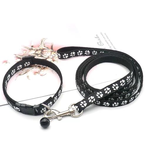 Puppy Dog Collar Leash Set with Bell, Cat Kitten Collars Black XXS XS | Paw Print Reflective Dog Collar Leash Set with Bell, Basic Nylon Boy Girls Pet Collar Adjustable For XXS XS S Tiny Puppies - color: black