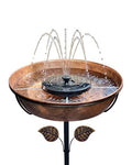 13" Metal Bird Bath with Solar Fountain, Battery & LED | 6.3" Fountain, 4 Fixed Rods, 5 Spray Patterns, 3" Deep Bowl, 1.4 Gallon Capacity, 5-Prong Stake for Flowing Water Feature