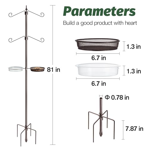 Bird Feeding Station Kit, 81-Inch, 4-Hook Metal Bird Feeder Pole | Bird Bath Bowl, Mesh Seed Tray, Freestanding 5-Prong Base, Removable Parts, Easy Assembly, for Patio, Lawn and Garden - size: 81 Inches without Squirrel Baffle