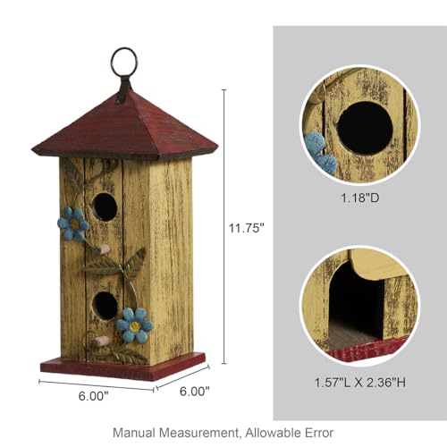 Glitzhome Bird houses for Outside,11.75"H Hand Painted Distressed Wooden Decorative Hanging Bird House for Outdoor Garden Birdhouse with 3D Metal Flower for Swallow Sparrow Hummingbird Finch Cardinals - color: 11.75"H
