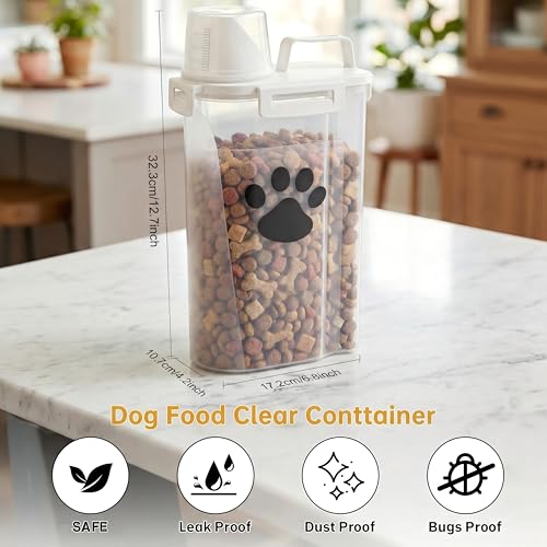 1 Pack Upgraded Dog Food Storage Container with Measuring Cup, Portable Pet Food Containers with Upgraded Large Spout and Cup for Dogs, Cats, Birds, Small Animals (Cream)
