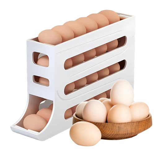 Automatic Rolling Egg Storage For Refrigerator, Fridge Organizer, Space Saving Refrigerator Egg Holder For Fridge ,Egg roller holds 28 Eggs,for Refrigerator,Kitchen,Cabinets,Tabl (White) - color: White