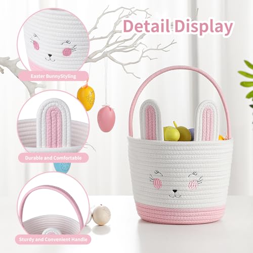 Easter Baskets for Easter Egg with Handle Woven Empty Hunt Boys' Lovely Bunny Rabbit Colorful Woven Basket First Easter Gifts for Boys, Babies, Kids, and Children (Pink) - color: Pink