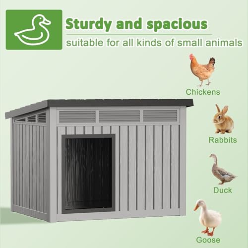 Vixzen Outdoor Duck House, PP Resin, Gray | Spacious Interior Poultry Shelter, Gas Strut Opening Top & Shutter Vents, Easy Cleaning and Storage - color: Gray, size: 42.9"L x 33.0"W x 31.6"H