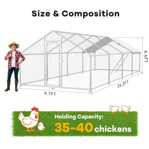 10 x 26.2 x 6.4 FT Metal Chicken Run, Chicken Coop with Cover | Reinforced frame, Walk-in Chicken Coop, Waterproof Cover, Side Hardware Cloth, Roosting Perch, Backyard & Farm Use - size: 26x10Ft