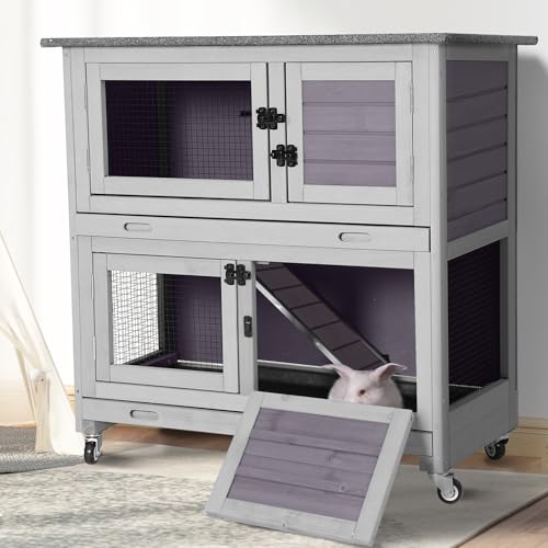 Suumerpety 2-Tier Wooden Rabbit Hutch Indoor Bunny House Guinea Pig Cage with Sliding Plastic Trays Wheels for Easy Cleaning Ventilation Design and Mobility, 36 Inch Small Animal Home (Grey, M) - color: Light Grey