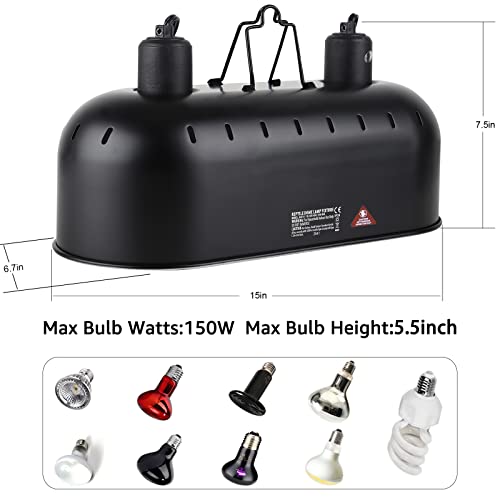 15 inch Dual Reptile Light Fixture Reptile Heat Lamp | Max 150W, 2PCS 150W Ceramic Heat Emitter, Double Dome UVB Light Fixture, For Terrarium and Tortoise Habitat - size: 15inch with 2PCS 150W ceramic heat emitter