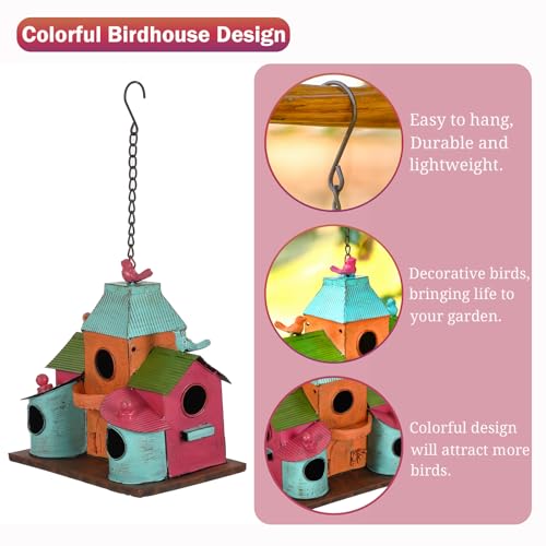 Large Bird Houses for Outside Hanging, Colorful Metal Bird Houses for Outside with 5 Compartments, Easy-Clean Front & Back Doors, Escape Holes & Ventilation, Weatherproof birdhouses for Outdoors - style: Colorful 3