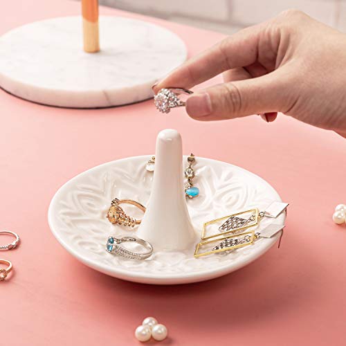 MyGift Decorative White Ceramic Ring Tray for Jewelry, Ring Cone and Trinket Tray with Raised Heart Design - color: White