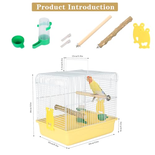 Small Bird Cage for Travel, Parrot Carrier with Handle 9.5"L x 12"W x 12"H | Easy to Assemble, Birdcages with Feeder Cups & Standing Perch for Smaller Birds Conures Lovebird Cockatiel Parakeets, Yellow - color: Yellow