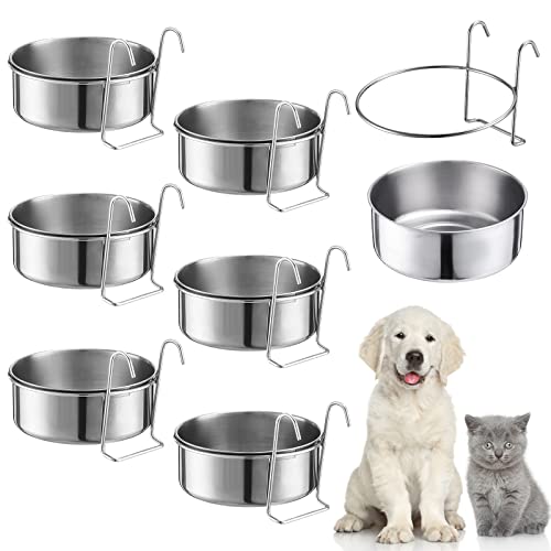 mumufy 6 Pieces Stainless Steel Hanging Water Bowls with Holder Detached Anti Spill Pet Metal Bowl Cage Kennel Crate Food Bowl(30 oz) - size: 30 oz