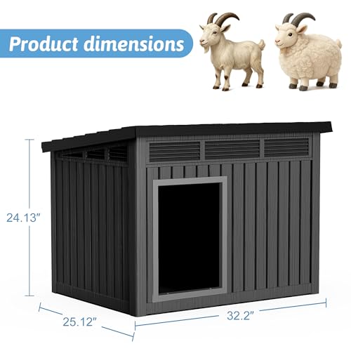 DRATO Goat House, Weather Resistant Resin Dog Houses with Sloped Roof & Louvered Ventilation, Outdoor Small Animal Shelter for Goats and Pets, Easy Assemble, Black - color: Black, size: 32.2*25.12*24.13