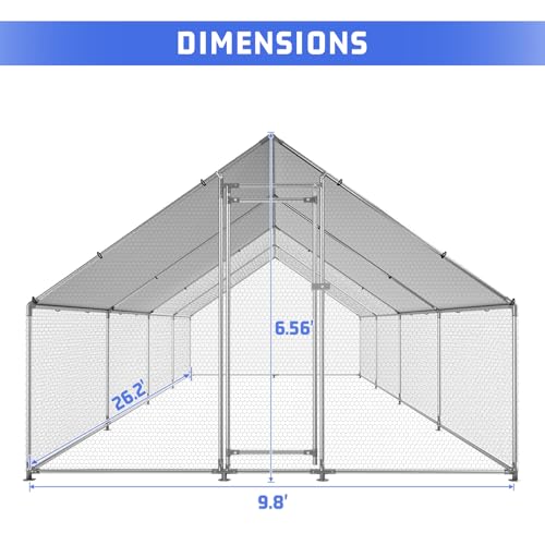HEYTOWN Large Metal Chicken Coop Chicken Pen Walk-in Poultry Cage with Water-Resident and Anti-UV Cover Chicken Runs for Yard with Cover Duck Rabbit Dog House Outdoor - size: 26.2’L×9.8’W×6.5’H