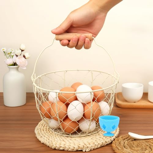 2 Pcs Egg Basket With Handle,Wire Egg Basket for Gathering Fresh Eggs, Round Egg Collecting Basket for Farm,Vintage Style Chicken and Duck Eggs Basket Egg Countertop Storage Container Holder ﻿(White) - color: white