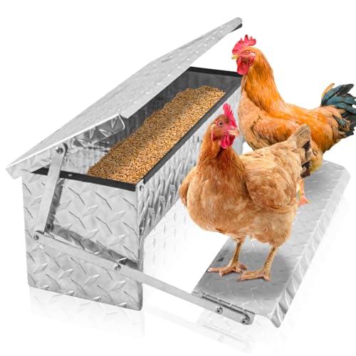 Full Aluminum Automatic Chicken Food Feeder Treadle Self Opening Feed Outdoor Use Rainproof Replacement for Chicken Bantams Poultry Pheasants with Weatherproof Lid Rain Cover(18lbs/8000g)