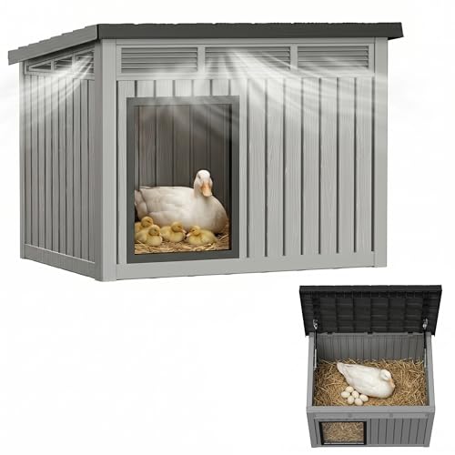Vixzen Outdoor Duck House, PP Resin Material with Spacious Interior Poultry Shelter, Gas Strut Opening Top & Shutter Vents Chicken Coop for Easy Cleaning and Storage Use in Outdoor（Gray） - color: Gray, size: 32.2"L x 25.1"W x 24.1"H