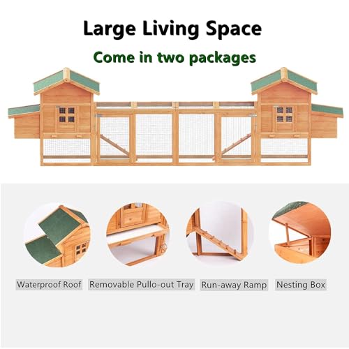 160" Large Chicken Coop, Waterproof Outdoor Hen House for 6-8 Chickens, Wooden Chicken House with Nesting Box, Removable Tray, PVC Cover, Run, for Garden Backyard Cage - size: 161.5"L x 26.0"W x 44.5"H