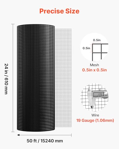 VEVOR Hardware Cloth 24 in x 50 ft, 1/2 in 19 Gauge Galvanized Wire Mesh Roll, Weather-Resistant Vinyl Coated Chicken Wire Fencing, Heavy Duty Welded Garden Plant Fencing for Rabbit Cage Snake Fence - size: 24in*50ft