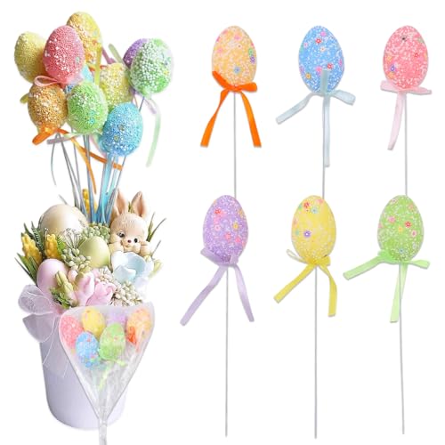 Foam Easter Egg Picks Glitter Puffy Styrofoam Stick Party DIY Craft Table Centerpiece Colorful Decoration Accessories Cake Toppers 6 Pcs