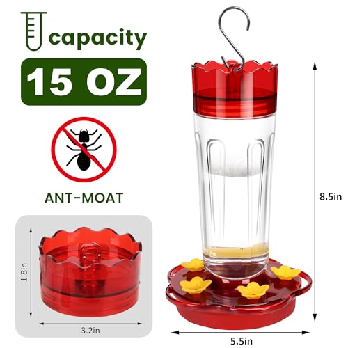 2 Pack Plastic Hummingbird Feeders for Outdoors Hanging Ant and Bee Proof,15 Ounces Red Hummingbird Feeder with 5 Feeding Ports and Perches, Built-in Ant Moat, Outside Garden Décor (Plastic, 2)