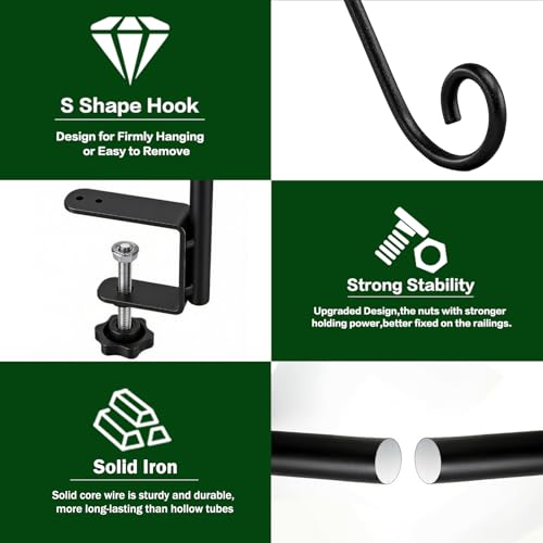 16 Inch Deck Hooks Railing Plant Hanger 2PCS, Shepherd Hook Swivel | Heavy Duty Deck Hooks for Railing, 360° Swinging Plant Hanger Bracket Outdoor, Solid Iron Plant Hangers for Deck Railing - size: 16Inch -2PCS