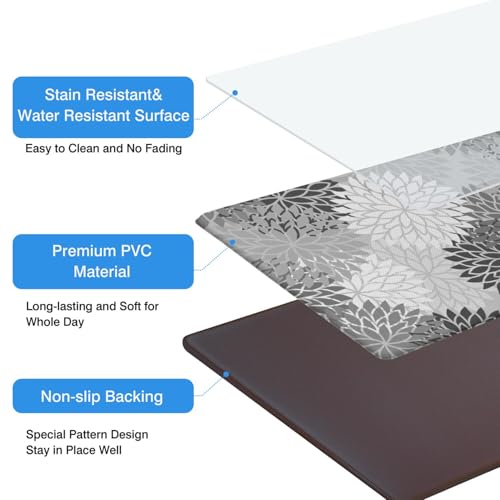 Boho Floral Anti Fatigue Kitchen Mats, 17.3"x47"+17.3"x29", Grey | Cushioned Non Slip Memory Foam Waterproof, Bohemia Kitchen Decor Rugs for Floor, Set of 2 for Sink Laundry Office - color: Grey Floral