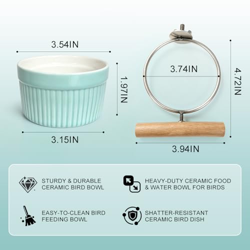 Ceramic Bird Cage Bowl with Stainless Steel Rack Holder, Hanging Anti-Tip Feeding Cup, Secure Mount Food & Water Dish for Parrots, Cockatiels, Parakeets, Small to Medium Pet Birds