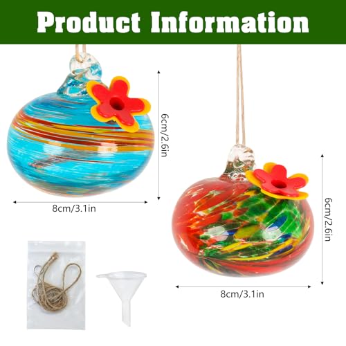 2 Pcs Blown Glass Hummingbird Feeder for Outdoors Hanging | Ant & Bee Resistant Window Bird FeederHandmade Garden Decor Gift for Women - Small Round Glass Feeders Bundle - color: Ellipse B2