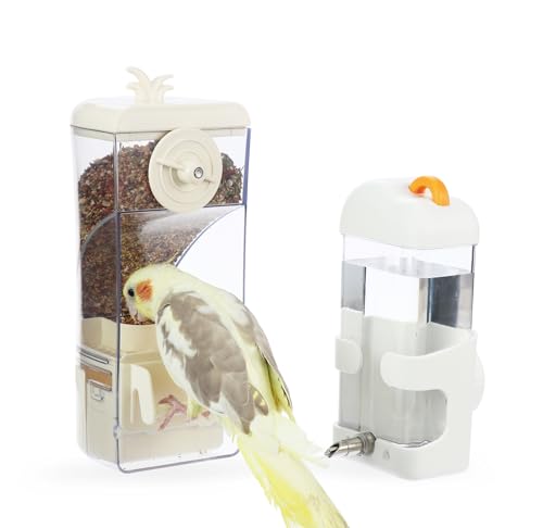 No-Mess Bird Feeder & Waterer Set for Cage, 300ml Auto Feeder with Seed Hull Catcher & 400ml Stainless Steel No-Backflow Drinker, for Cockatiels Conures Parakeets